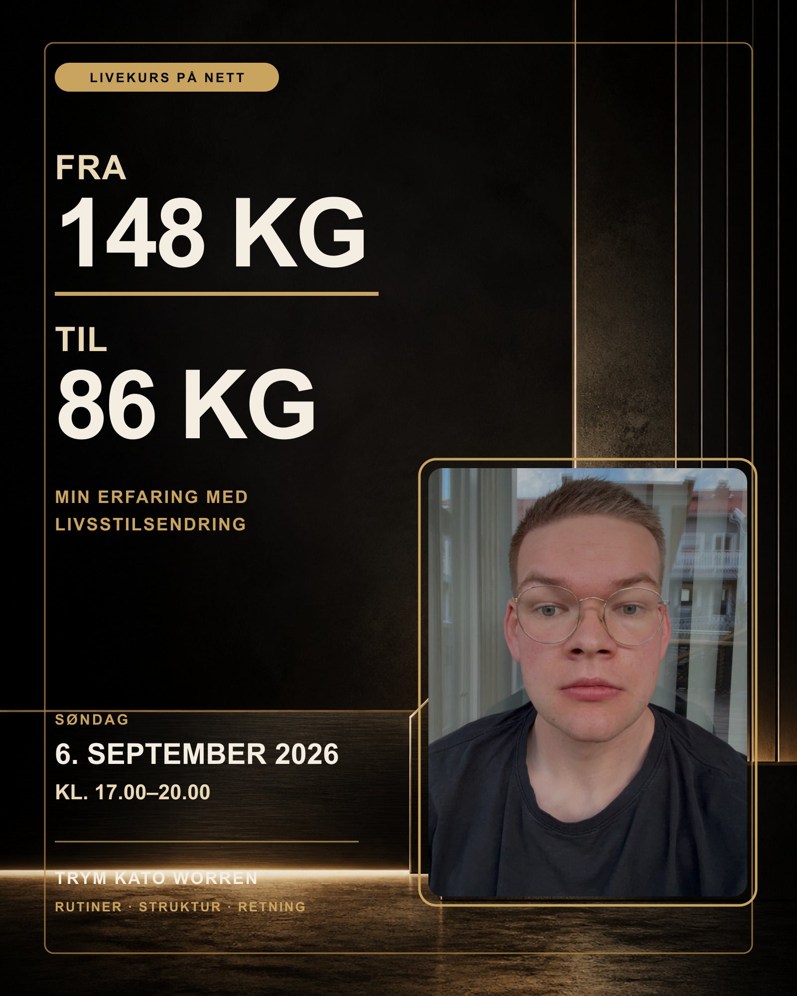 Kursforside for livekurset Fra 148 til 86 kg med Trym Kato Worren
